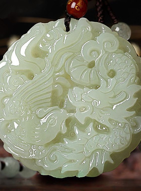 天然青白玉龙凤玉佩吊坠项链