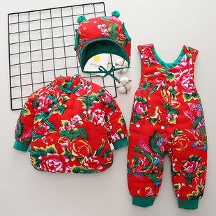 宝宝手工棉花棉衣套装 男女儿童婴儿棉服 秋冬加厚东北大花棉袄棉裤