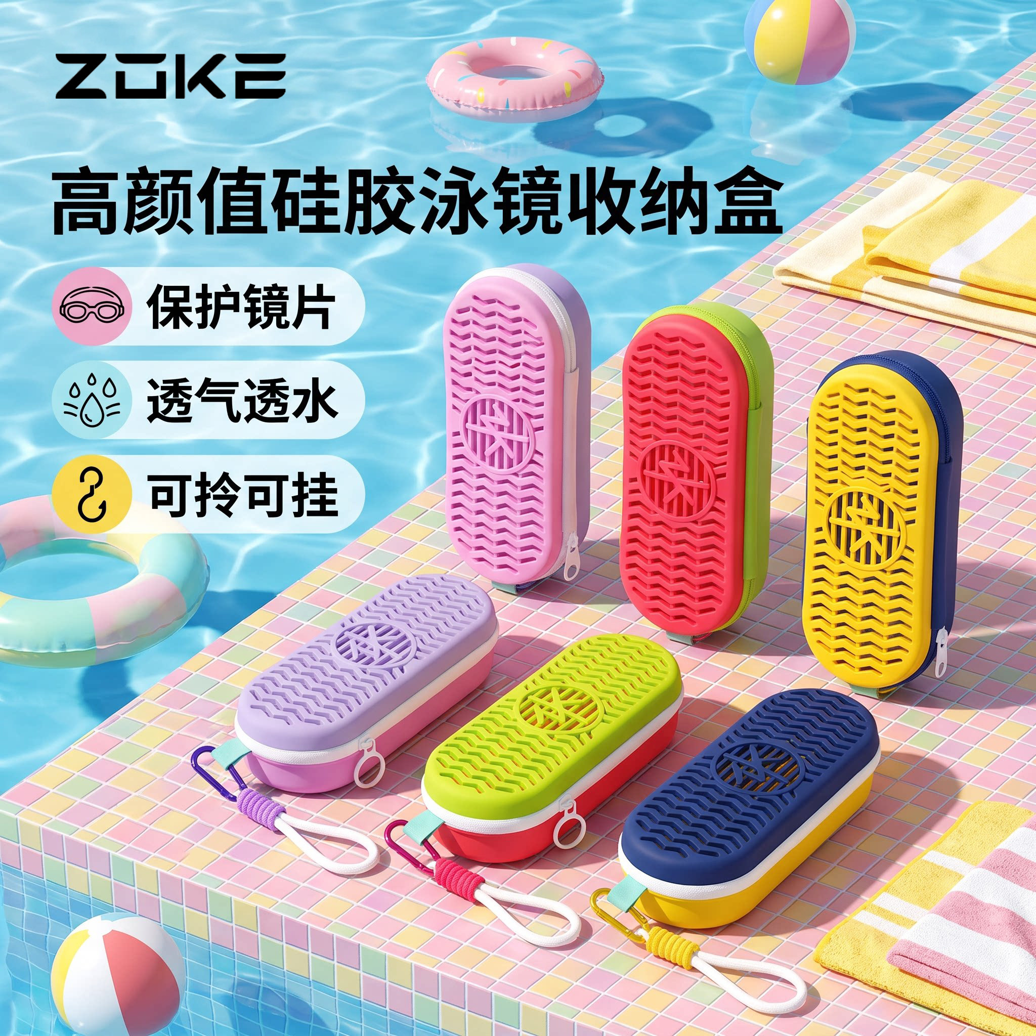 ZOKE洲克新款游泳眼镜收纳盒硅胶便携防摔透气游泳装备保护盒