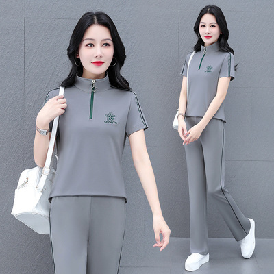 冰丝速干弹力时尚立领休闲运动套装女夏季中年妈妈装广场舞两件套