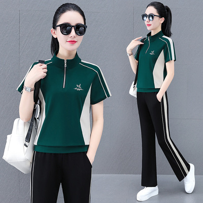 冰丝速干弹力时尚休闲运动套装女夏季直筒中年妈妈广场舞两件套