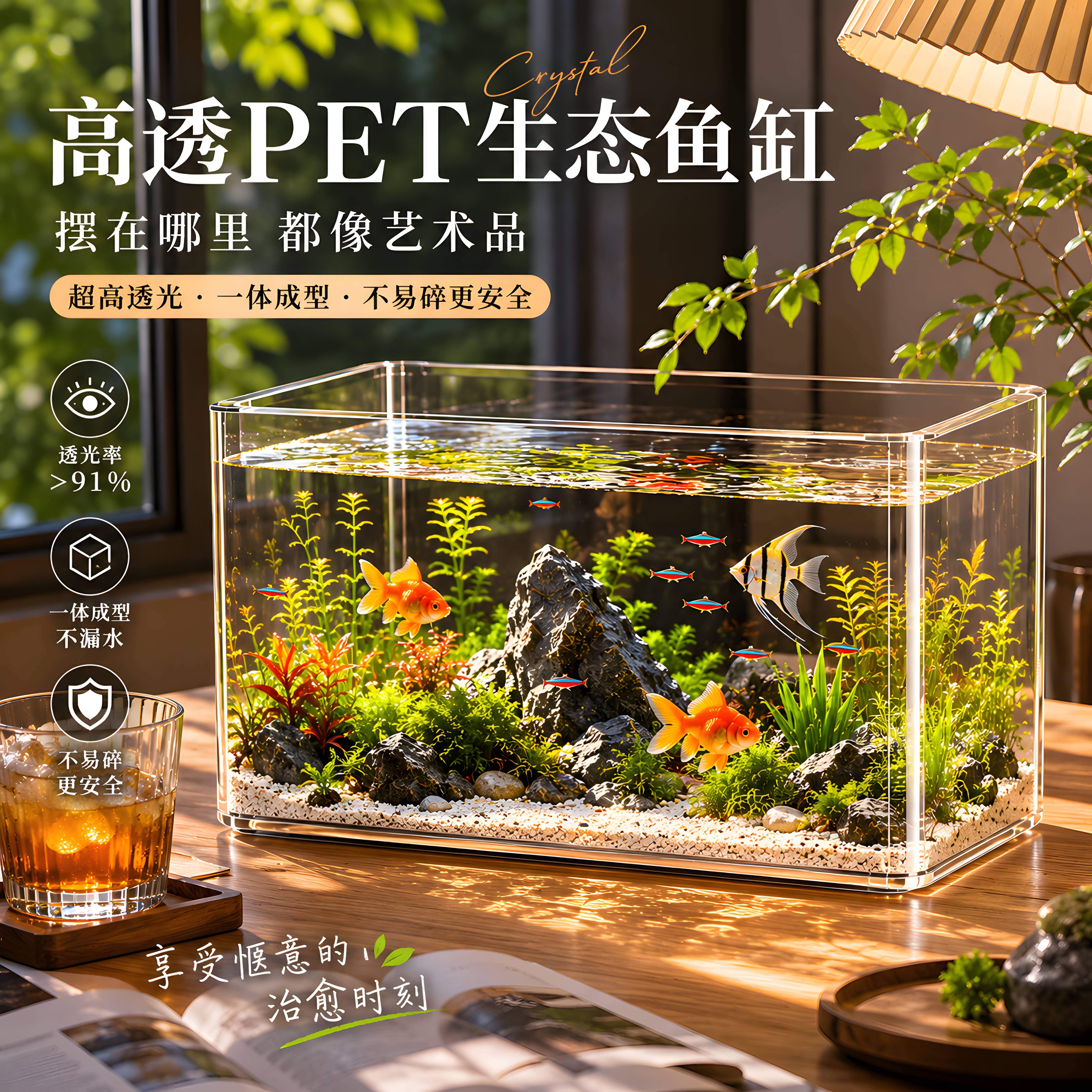 鱼缸中小型透明防玻璃亚克力塑料缸中式矩形观赏缸家庭生态乌龟缸
