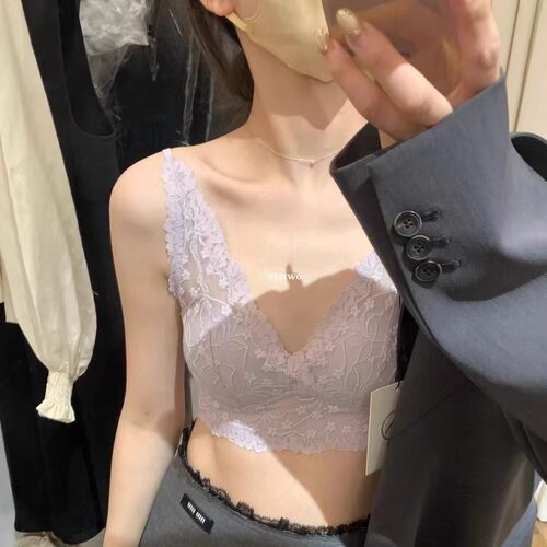 龙心原单蕾丝吊带小背心女无钢圈聚拢收副乳美背性感深V文胸华歌