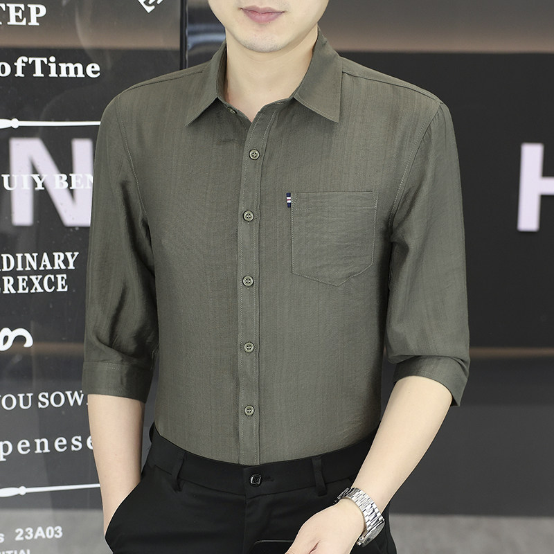 七分袖衬衫男夏季冰丝薄款透气防晒口袋上衣短袖休闲修身中袖衬衣