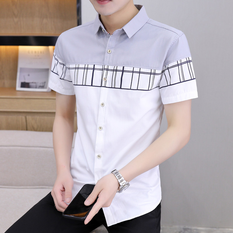 条纹短袖衬衫男士夏季薄款拼接超薄款休闲商务男装宽松衬衣外套潮