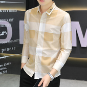 男士 工装 长袖 新款 衬衫 雅痞撞色格子春秋款 秋季 休闲法式 外套衬衣潮