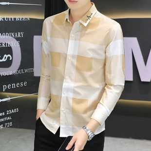 秋季 新款 休闲法式 衬衫 工装 长袖 雅痞撞色格子春秋款 外套衬衣潮 男士