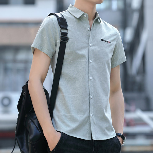 夏季冰丝衬衫男短袖修身韩版潮流休闲薄款工装寸轻熟风男装衬衣服