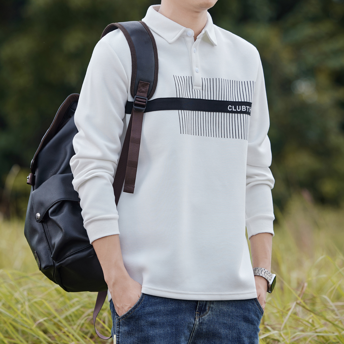 polo衫长袖t恤男士2025春秋款加厚美式有领卫衣打底衫拼接上衣服