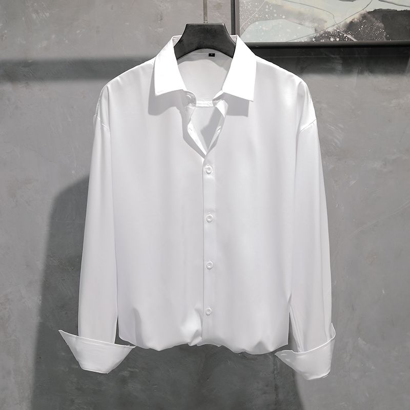 夏季长袖衬衫男2025新款高级感痞帅休闲宽松冰丝薄款防晒白色衬衣