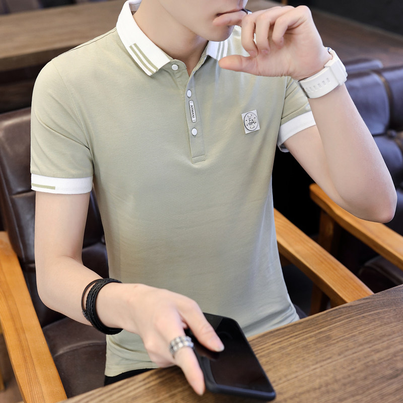 夏季男士短袖T恤丅带领子夏装青年简约纯色短衫全棉有领半袖T桖土