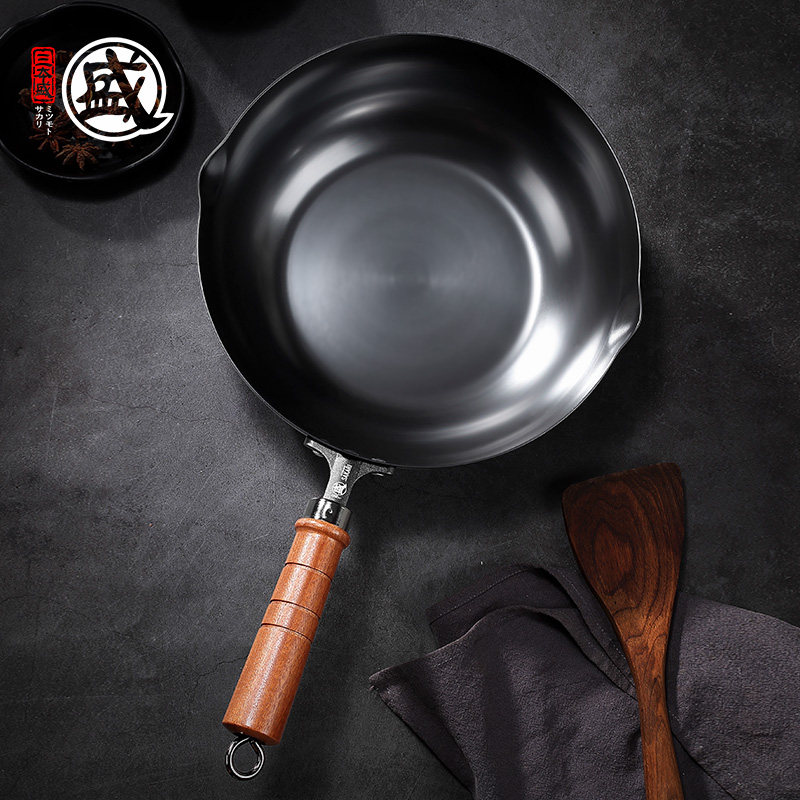 日本三本盛燃气炉灶通用小炒锅进口纯铁平底锅无涂层不粘炒菜锅具