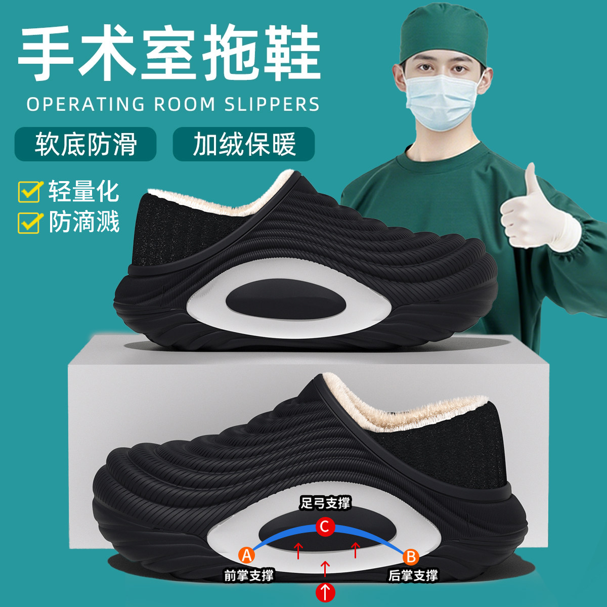 医用手术室棉拖鞋男冬厚底防滑保暖专用医院护士鞋防水足弓棉鞋女