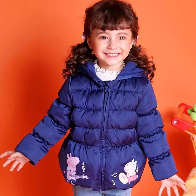 卡通风女童中长款羽绒服连帽加厚白鸭绒保暖外套保暖棉服宝宝小童