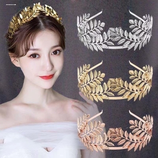 后挂式金色金属发带树叶叶子新娘头饰发饰仙女发箍超仙森系发夹带