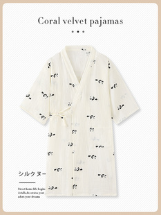 夏季纯棉双层纱布可爱熊猫睡衣睡袍日本和服睡袍睡袍