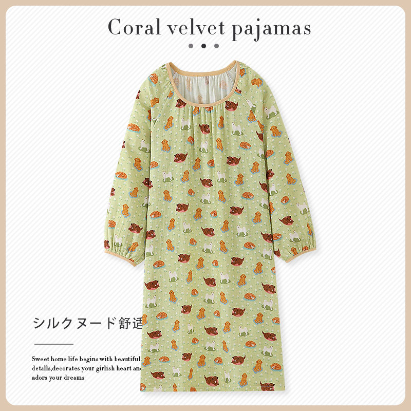 磨毛睡裙女春秋季新款纯棉长袖卡通可爱泰迪狗狗睡衣连衣裙家居服