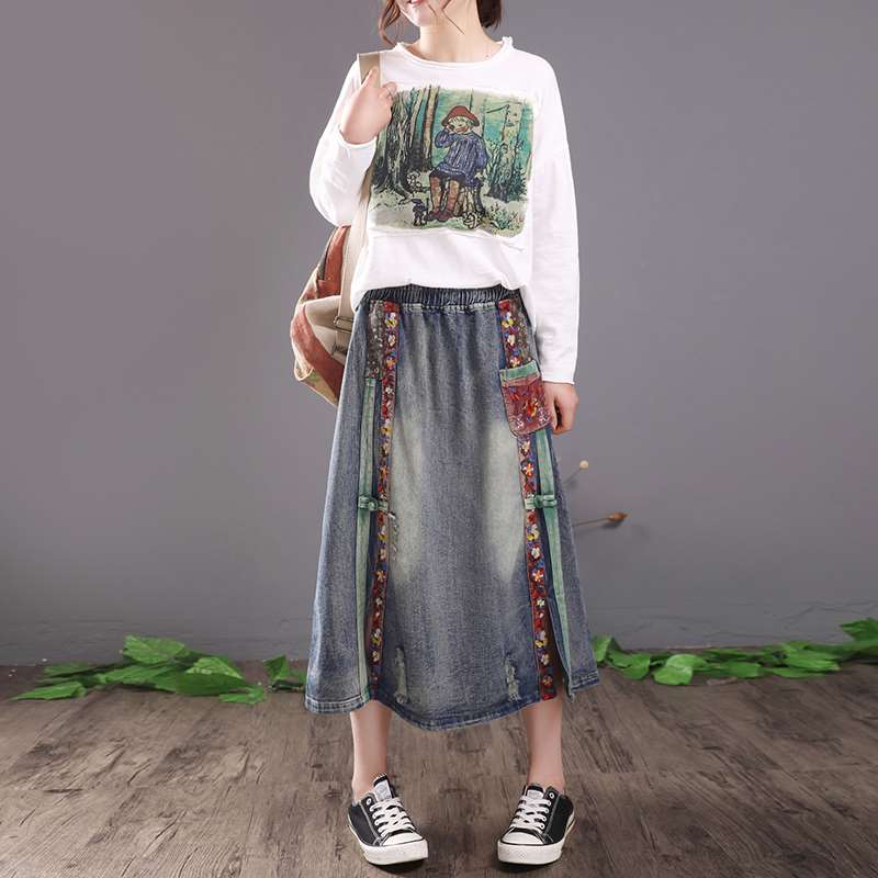 Spring new pattern Women's wear Cotton Patch frog Ethnic style Mosaic cowboy skirt Versatile Retro Long skirtin the Women's clothing/Boutique , Skirts  category - from Buy2taobao.com to provide professional Taobao agent buy service