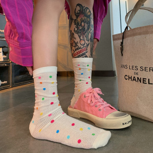 网红ins日系彩色波点袜子春夏新款 多巴胺中筒袜纯棉女袜 透气薄款