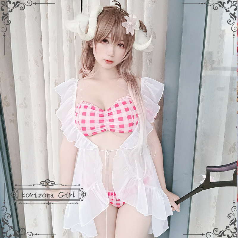 【恋空少女】售完展示明日方舟艾雅法拉小羊泳衣粉色比基尼cos