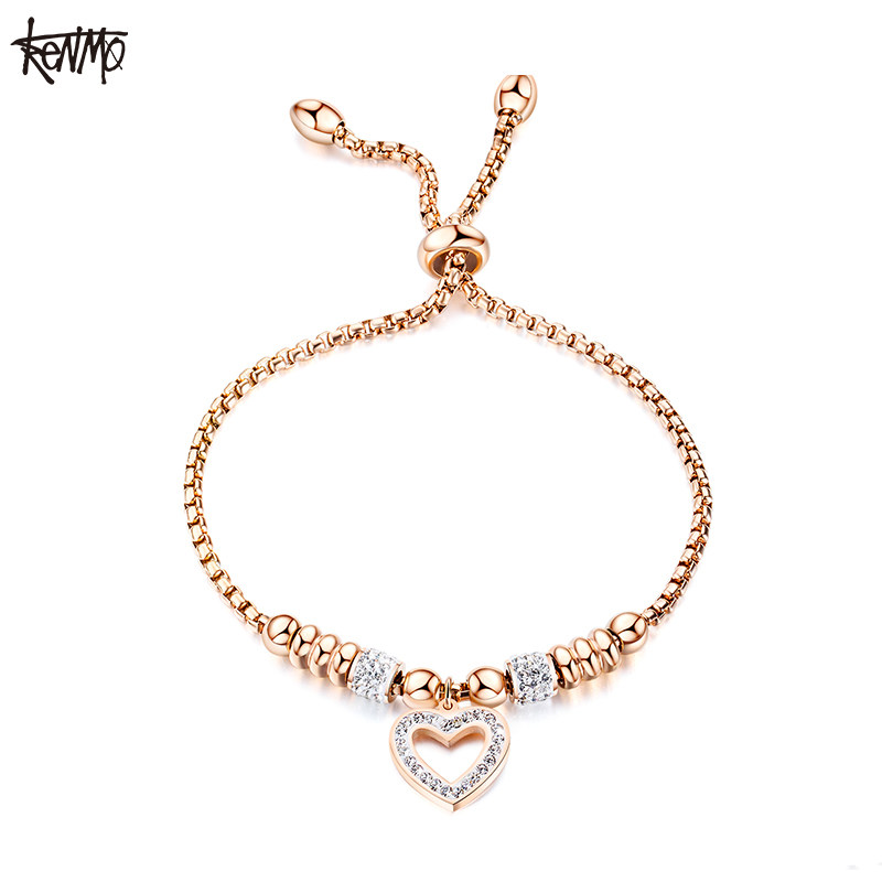 kenmo肯默爱心潘多拉手链钛钢镶嵌锆石链子简约美观调节扣