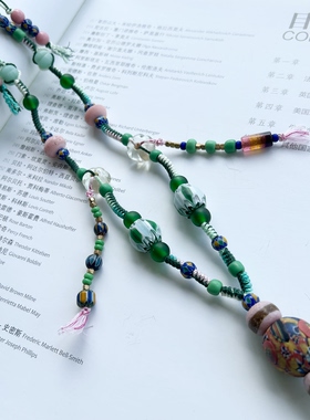 粉绿色系古法琉璃铜隔珠纯手工编绳长款项链