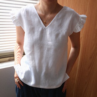 思量 法式简约慵懒V领显瘦百搭上衣100%纯汉麻木耳边袖口背心上衣
