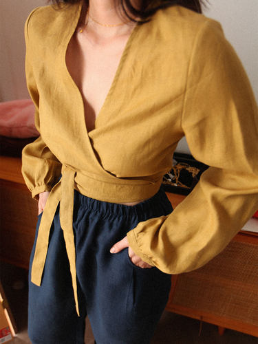高腰法式长袖亚麻绑带衬衫