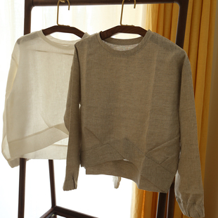 衫 冷焰火 小众心机设计感长袖 宽松上衣 法国亚麻休闲圆领套头衬衫