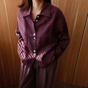 离火 100%纯亚麻翻领长袖宽松衬衣外套 慵懒松弛优雅上衣