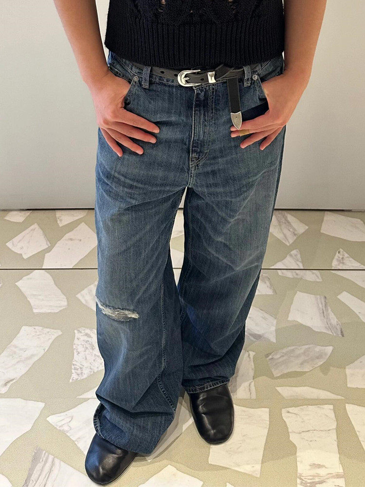 thumbnail for Our Legacy Vast Cut Blue Ripped Viscose Washed Distressed Mid-High Waist Jeans Casual Pants