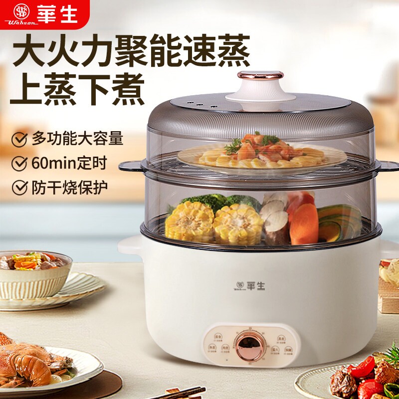 华生电蒸锅家用多功能蒸煮一体大层蒸炖煮锅容量定时电蒸箱双层单