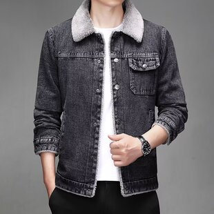 冬季牛仔外套男加绒加厚韩版修身羊羔毛牛仔棉衣棉服夹克男装