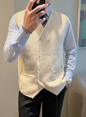 双排扣针织马甲男士秋冬季日系复古毛衣背心潮流帅气外穿开衫坎肩