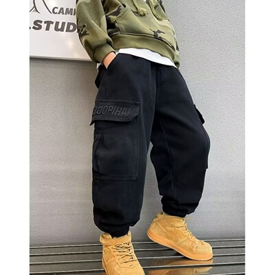 2024秋冬加绒男童工装休闲裤潮牌束脚宽松哈伦裤新款潮流小脚裤