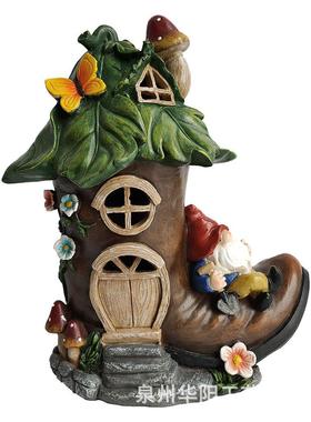 庭院地精雕像鞋子树屋造型树脂工艺品花园太阳能小矮人摆件