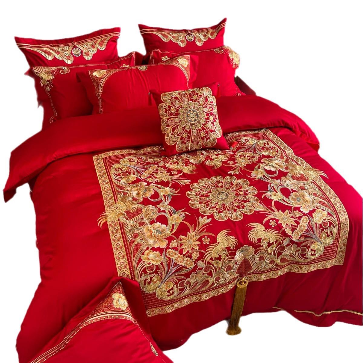 中式婚庆家纺红色四套1床00支H118长绒棉刺十件套结件婚上用绣品