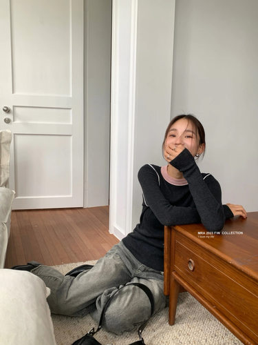 百搭撞色弹力圆领超薄针织衫