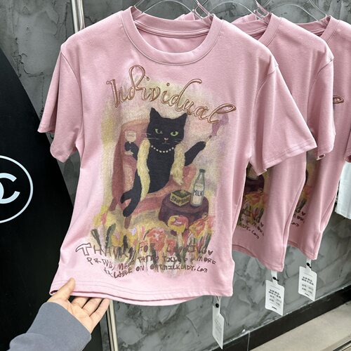 韩系复古黑猫印花短款显瘦女T恤