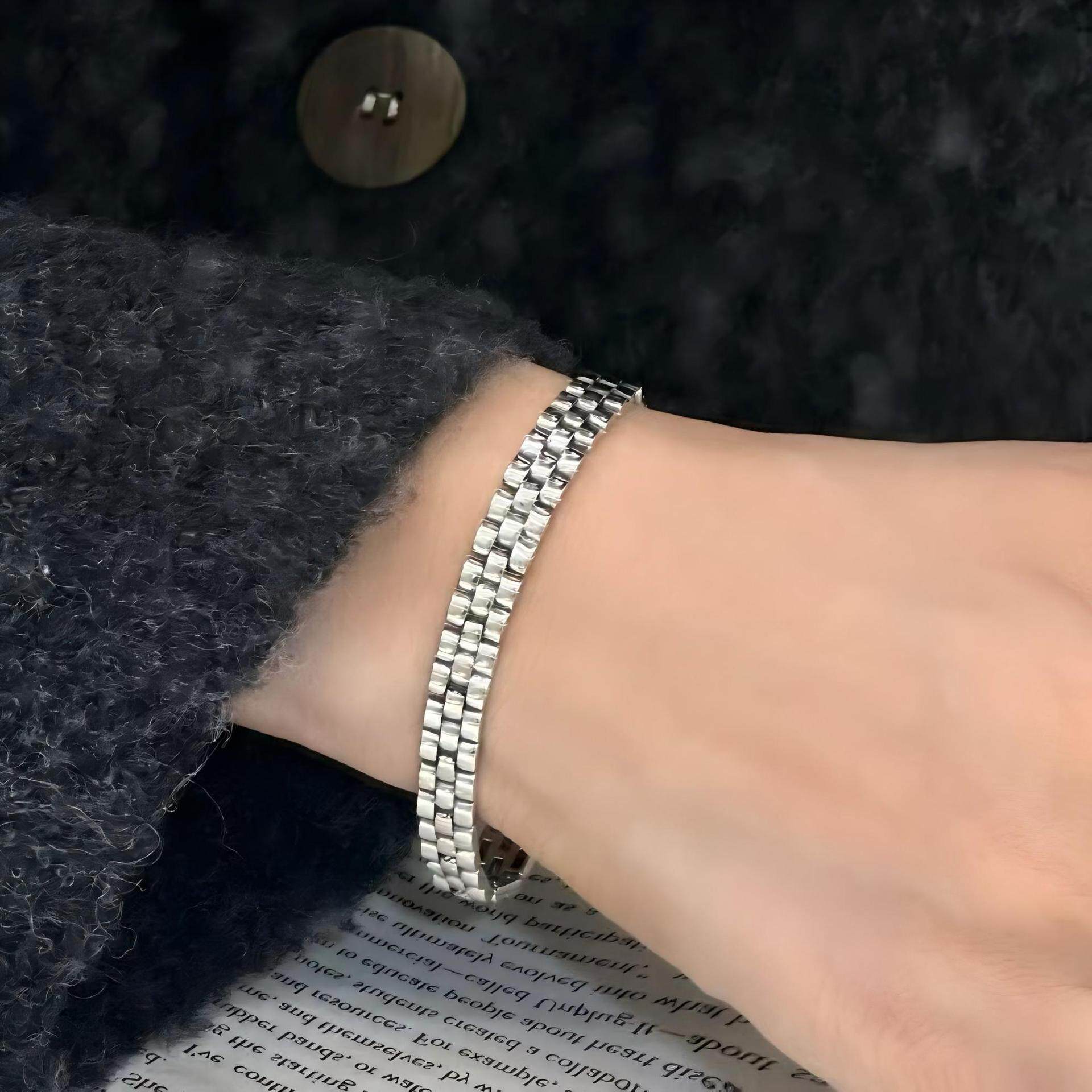 S925纯银重工表带手链简约ins小众轻奢高级感男女款个性复古百搭