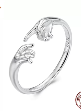 原创通体s925纯银牵手开口戒指指环 情侣款浪漫戒指送女友首饰