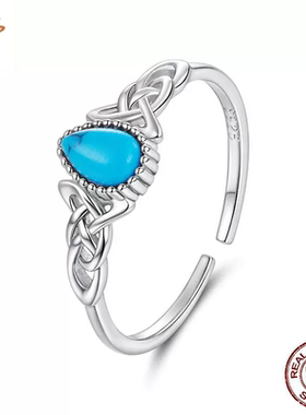 时予原创s925纯银凯尔特结松石开口戒指复古宫廷风水滴松石戒指