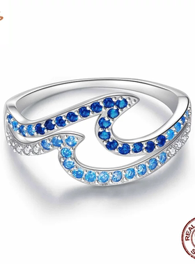 时予原创s925纯银渐变蓝色海浪戒指优雅休闲风双层波浪戒指手饰