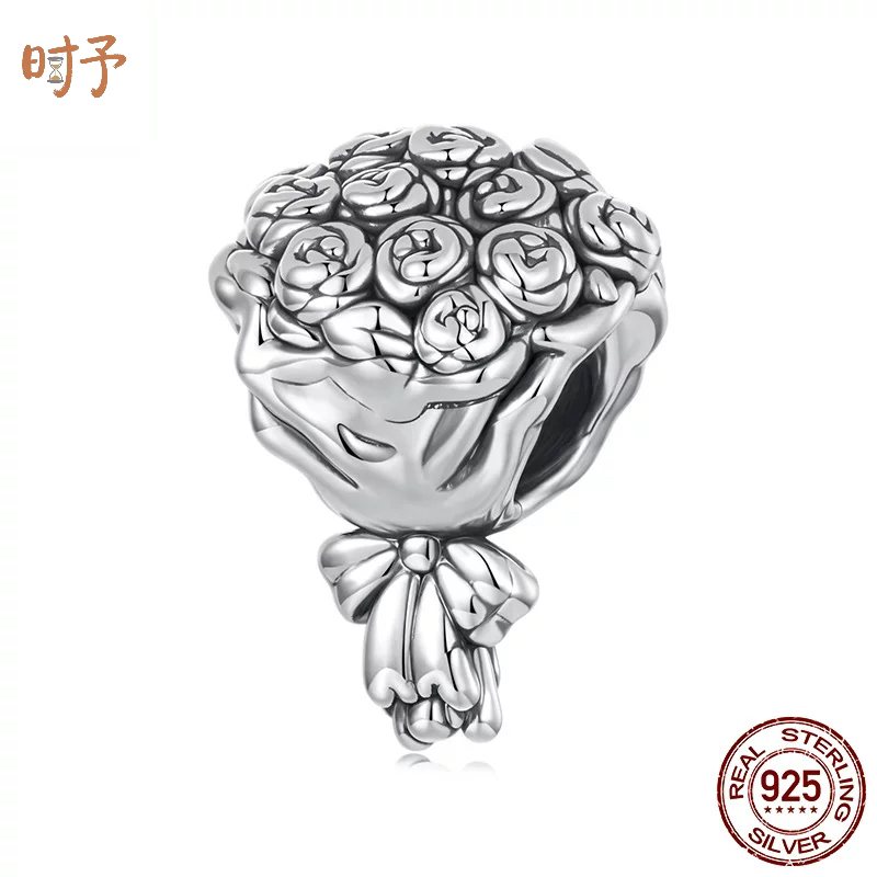 原创通体s925纯银蝴蝶结花束手链串珠浪漫花朵diy珠子饰品配件