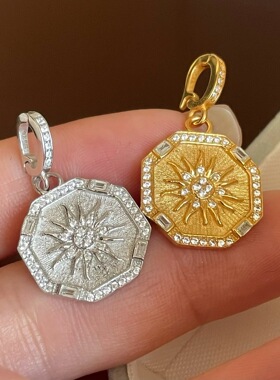 S925纯银几何八边形太阳镶钻吊坠轻奢毛衣链小众设计时尚