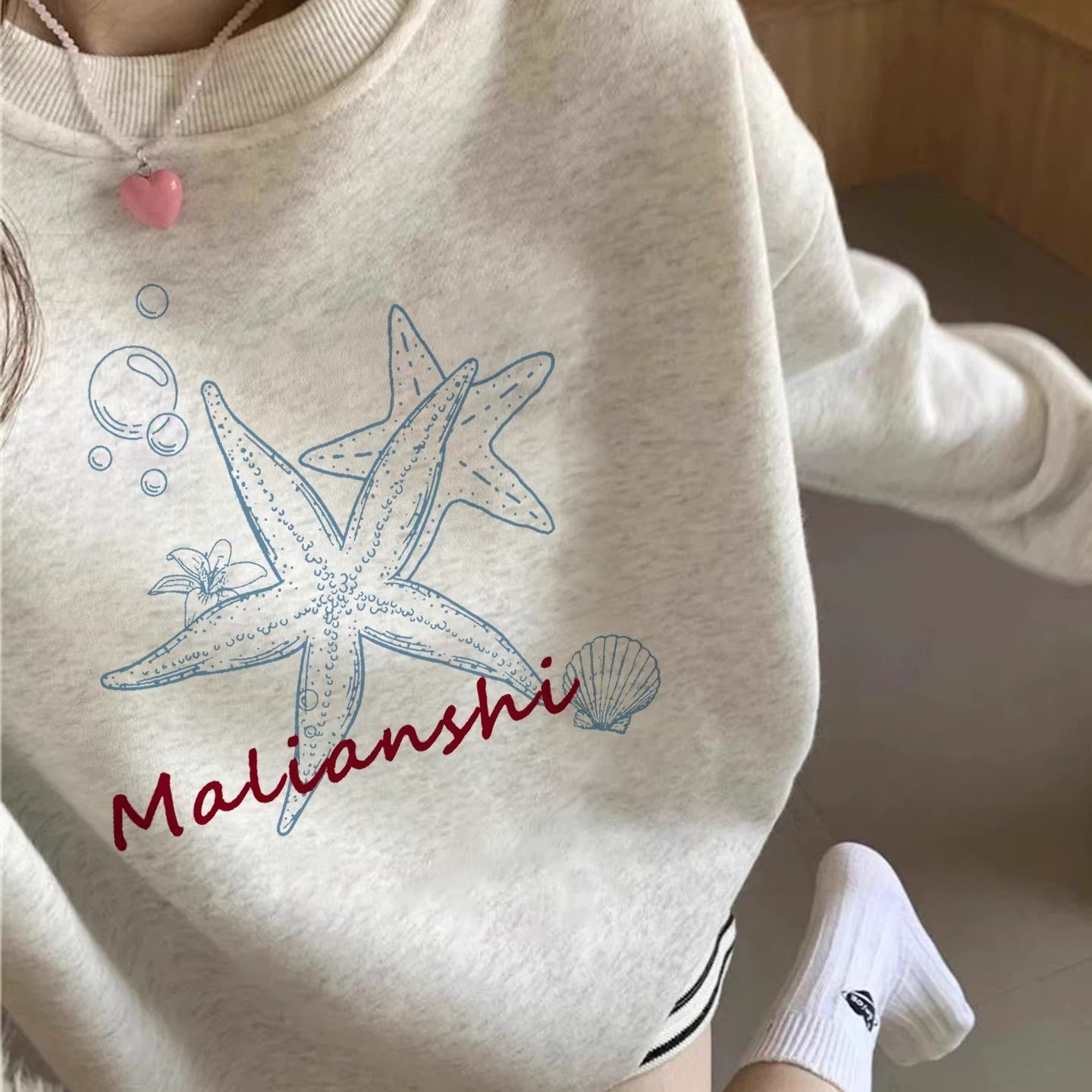 美式慵懒chic圆领卫衣女新款秋冬加绒加厚宽松无帽外套学院风上衣