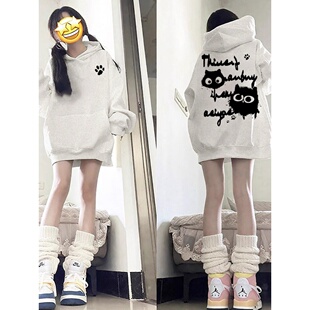 白灰色连帽卫衣女大童秋冬新款初中高中学生爆款美式加绒宽松外套