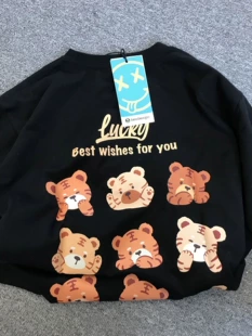 韩版 品牌专柜折扣店撤柜清仓黑色套头短袖 T恤女夏季 老虎印花上衣