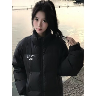 黑色百搭立领短款羽绒棉服女大童冬季初中高中学生面包服外套棉袄