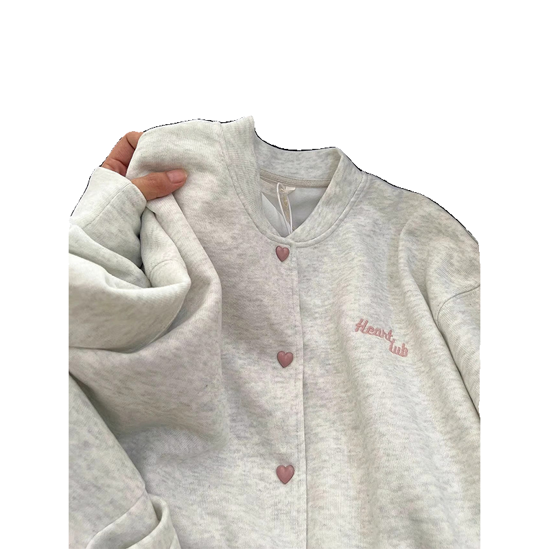 哇塞~巨好穿~灰色爱心纽扣棒球服女秋冬学生潮牌加绒夹克开衫外套
